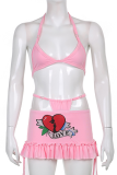 Pink Sexy Print Hollowed Out Flounce Halter Sleeveless Two Pieces