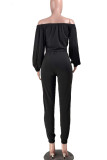 Black Sexy Adult Solid Sequins Patchwork Bateau Neck Long Sleeve Regular Sleeve Short Two Pieces