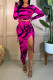 Rose Red Fashion Sexy Print Slit O Neck Long Sleeve Two Pieces