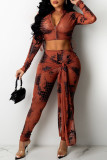 Brownness Sexy Solid Bandage Patchwork Zipper Zipper Collar Long Sleeve Two Pieces