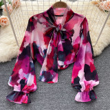 Purple Sexy Print Bandage Patchwork Buckle O Neck Tops