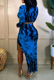 Purple Fashion Sexy Print Slit O Neck Long Sleeve Two Pieces