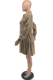 Green Casual Solid Flounce Turndown Collar Cake Skirt Dresses