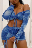 Blue Sexy Patchwork Draw String Tie-dye Bateau Neck Long Sleeve Two Pieces