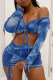 Blue Sexy Patchwork Draw String Tie-dye Bateau Neck Long Sleeve Two Pieces