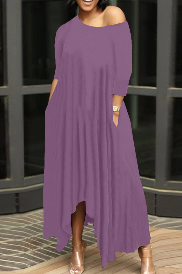 Purple Casual Solid Patchwork Asymmetrical O Neck Irregular Dress Dresses