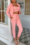 Pink Fashion Casual Solid Patchwork Hooded Collar Nine Points Sleeve Three Pieces