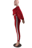 Red Sexy Adult Solid Sequins Patchwork Bateau Neck Long Sleeve Regular Sleeve Short Two Pieces