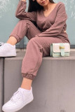 Coffee Fashion Sportswear Solid Patchwork V Neck Long Sleeve Two Pieces