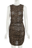 Khaki Fashion Sexy Print Leopard Bandage Hollowed Out O Neck Sleeveless Dress