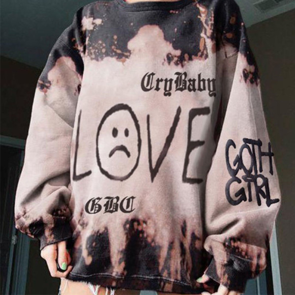 Dark Coffee Street Print Patchwork O Neck Tops