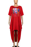 Red Casual Print Split Joint O Neck Irregular Dress Dresses
