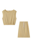 Beige Fashion Casual Solid Slit O Neck Sleeveless Two Pieces