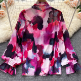 Purple Sexy Print Bandage Patchwork Buckle O Neck Tops