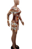 Orange Yellow Sexy Print Patchwork Backless O Neck One Step Skirt Dresses