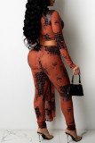 Brownness Sexy Solid Bandage Patchwork Zipper Zipper Collar Long Sleeve Two Pieces