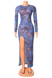 Blue Sexy Print High Opening O Neck Pencil Skirt Dresses