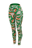 Green Fashion Street Print Mid Waist Pencil Bottoms