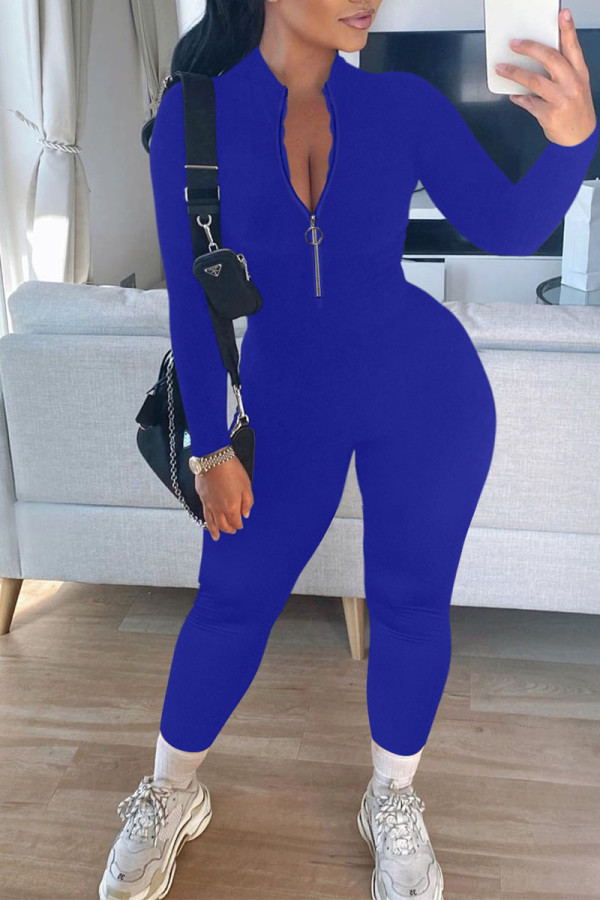 Royal Blue Sexy Solid Zipper Collar Jumpsuits