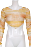 Yellow Sexy Print Patchwork O Neck Long Sleeve Two Pieces