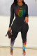 Black Casual Gradual Change Letter Print Slit O Neck Long Sleeve Two Pieces