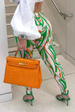 Green Fashion Street Print Mid Waist Pencil Bottoms