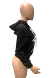 Black Fashion Casual Letter Print Basic Hooded Collar Tops