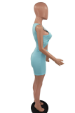 Blue Sexy Solid Hollowed Out V Neck Skinny Rompers