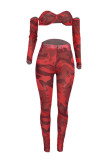 Watermelon Red Fashion Sexy Print Patchwork Strapless Long Sleeve Two Pieces