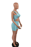 Blue Sexy Solid Hollowed Out V Neck Skinny Rompers