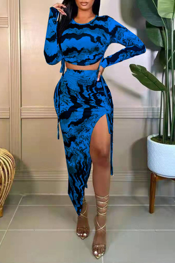 Blue Fashion Sexy Print Slit O Neck Long Sleeve Two Pieces