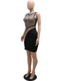 Black Sexy Patchwork Hollowed Out Mesh O Neck Pencil Skirt Dresses