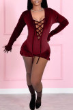 Red Sexy Casual Solid Bandage V Neck Skinny Romper