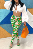 Green Fashion Street Print Mid Waist Pencil Bottoms