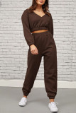 Coffee Fashion Sportswear Solid Patchwork V Neck Long Sleeve Two Pieces