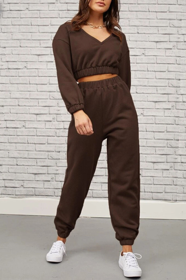 Coffee Fashion Sportswear Solid Patchwork V Neck Long Sleeve Two Pieces