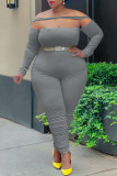 Grey Fashion Casual Solid Split Joint Off the Shoulder Plus Size Jumpsuits