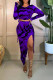 Purple Fashion Sexy Print Slit O Neck Long Sleeve Two Pieces