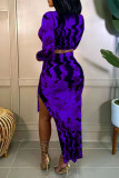 Purple Fashion Sexy Print Slit O Neck Long Sleeve Two Pieces