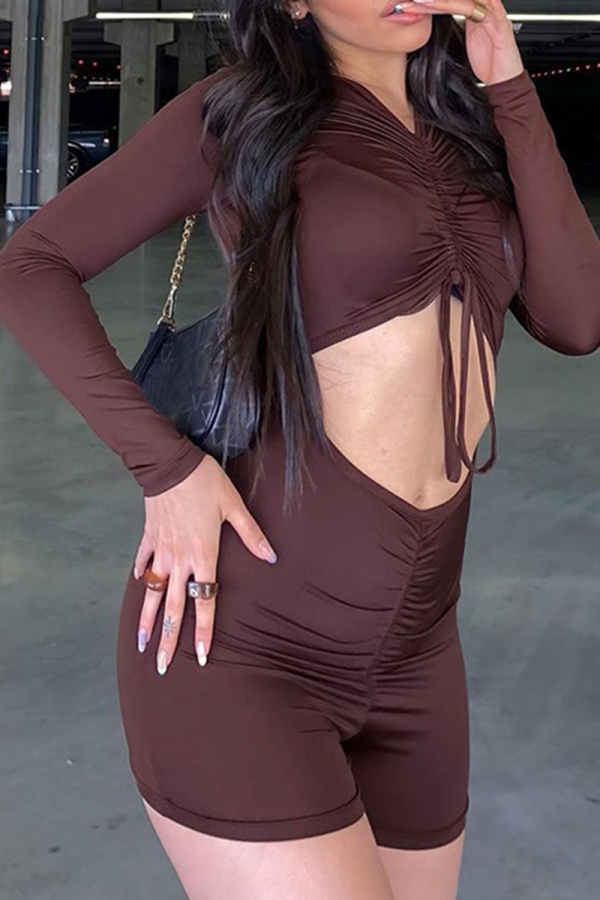 Brown Sexy Solid Patchwork V Neck Skinny Rompers
