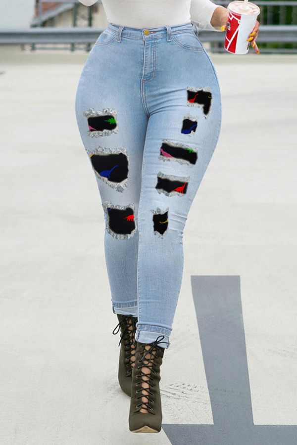 Blue Fashion Street Patchwork Ripped Denim Jeans