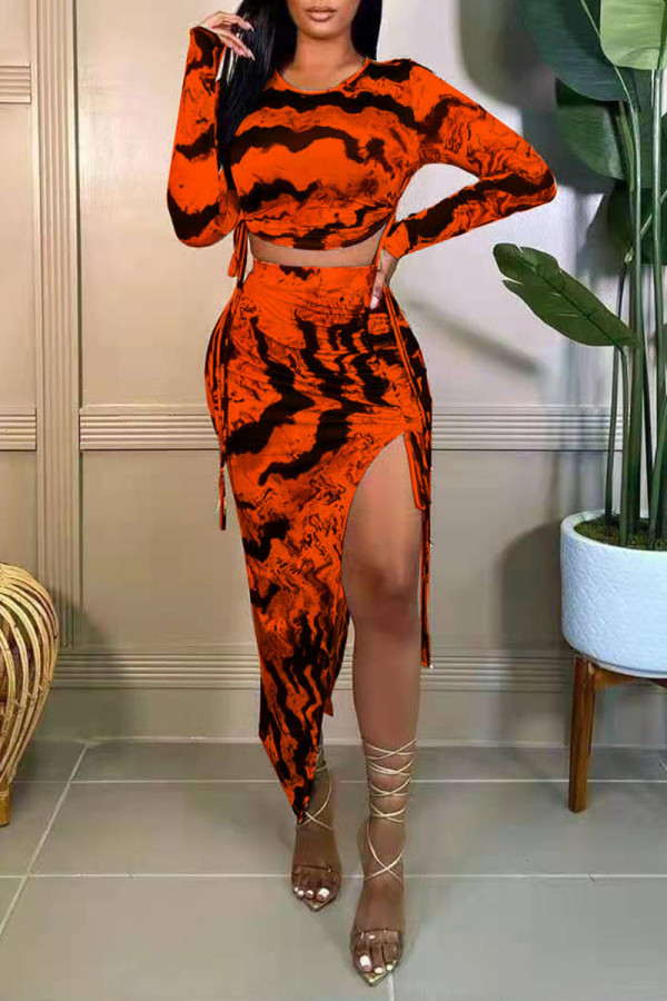Orange Fashion Sexy Print Slit O Neck Long Sleeve Two Pieces
