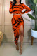 Orange Fashion Sexy Print Slit O Neck Long Sleeve Two Pieces