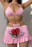 Pink Sexy Print Hollowed Out Flounce Halter Sleeveless Two Pieces