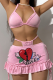 Pink Sexy Print Hollowed Out Flounce Halter Sleeveless Two Pieces