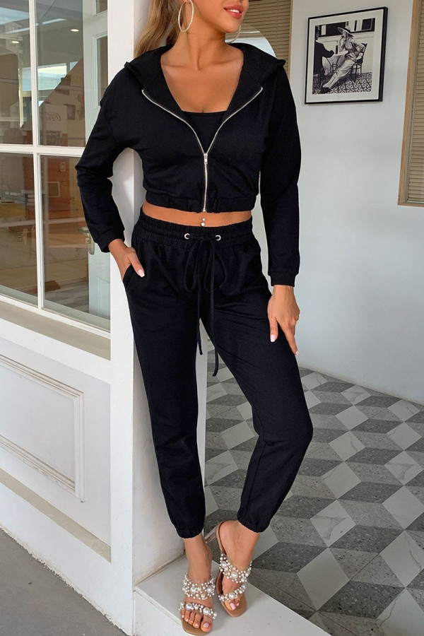 Black Fashion Casual Solid Patchwork Hooded Collar Nine Points Sleeve Three Pieces