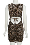 Khaki Fashion Sexy Print Leopard Bandage Hollowed Out O Neck Sleeveless Dress