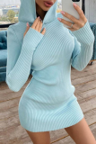 Blue Sexy Solid Patchwork Hooded Collar Pencil Skirt Dresses