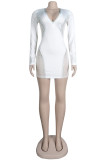White Sexy Patchwork Hot Drilling See-through V Neck Long Sleeve Dresses