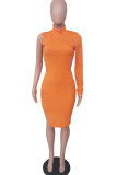 Tangerine Sexy Solid Hollowed Out Split Joint Half A Turtleneck One Step Skirt Dresses